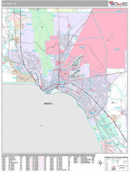 El Paso Texas Zip Code Wall Map Premium Style By Marketmaps