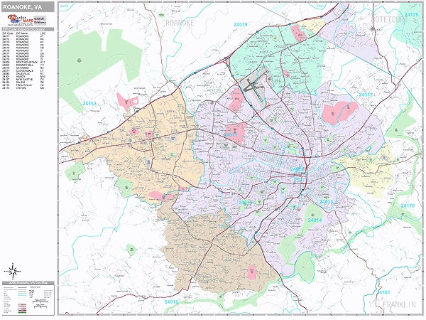 Roanoke Virginia Zip Code Wall Map (Premium Style) by MarketMAPS