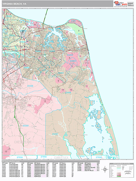 Virginia Beach Virginia Zip Code Wall Map Premium Style