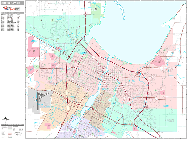 Green Bay Wisconsin Zip Code Wall Map (Premium Style) by MarketMAPS