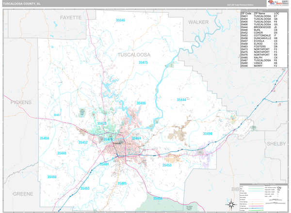 Tuscaloosa County Al Zip Code Wall Map Premium Style By Marketmaps
