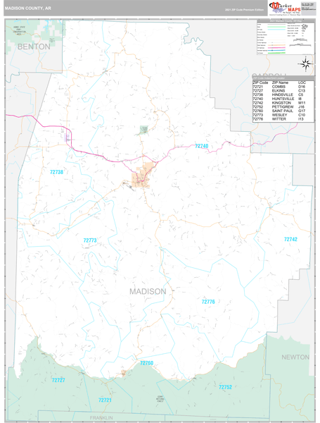 Madison County, AR Zip Code Wall Map Premium Style by MarketMAPS