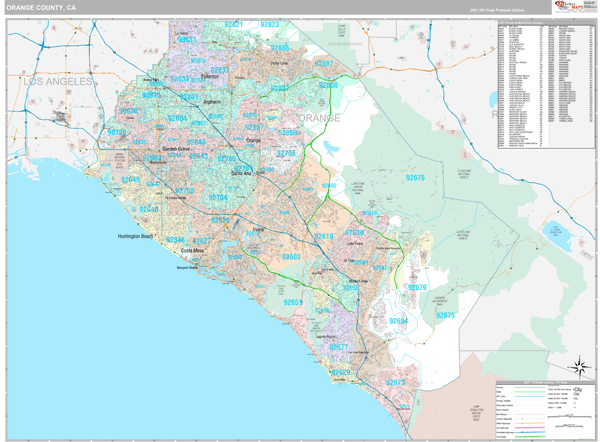 Orange County, CA Wall Map Premium Style by MarketMAPS