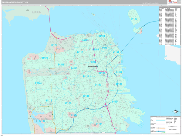 San Francisco County, CA Zip Code Wall Map Premium Style by MarketMAPS
