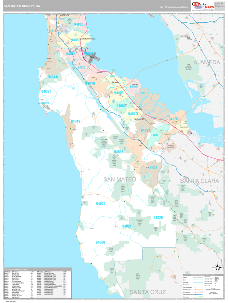 San Mateo County, CA Zip Code Wall Map Premium Style by MarketMAPS