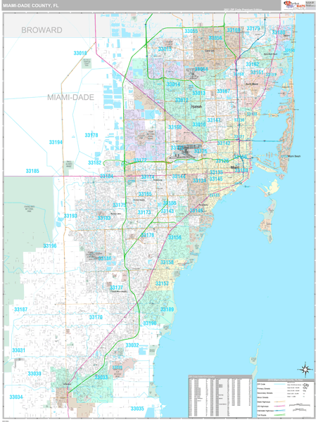 miami-dade county, fl wall map premium stylemarketmaps