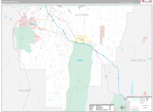 Catoosa County, GA Zip Code Wall Map Premium Style by MarketMAPS
