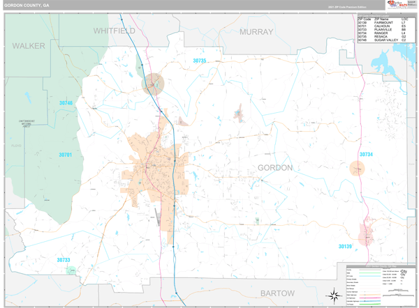 Gordon County, GA Zip Code Wall Map Premium Style by MarketMAPS