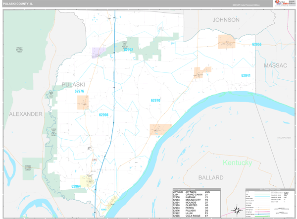 Pulaski County, IL Zip Code Wall Map Premium Style by MarketMAPS