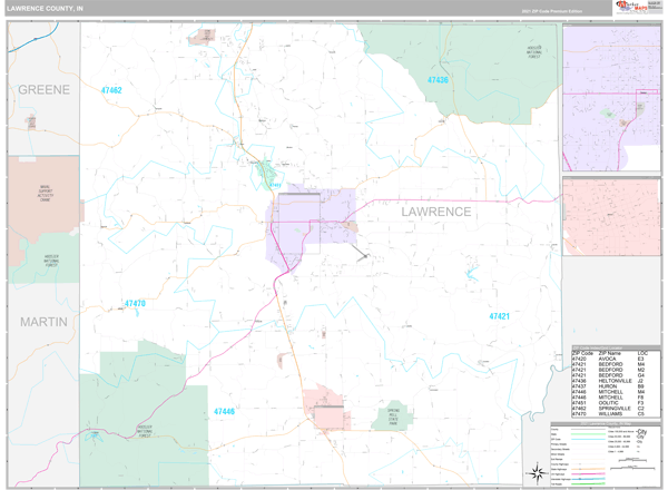 Lawrence County, IN Zip Code Wall Map Premium Style by MarketMAPS