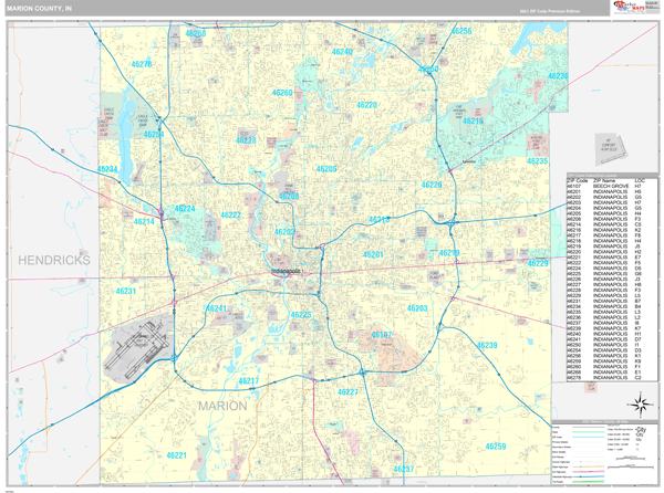 Marion County, IN Zip Code Wall Map Premium Style by MarketMAPS