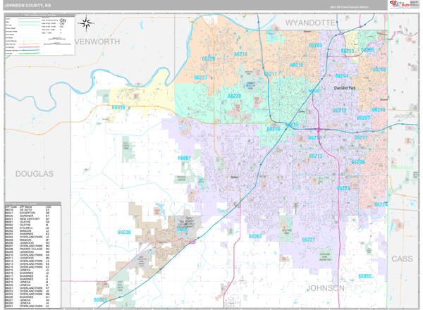 Johnson County, KS Zip Code Wall Map Premium Style by MarketMAPS