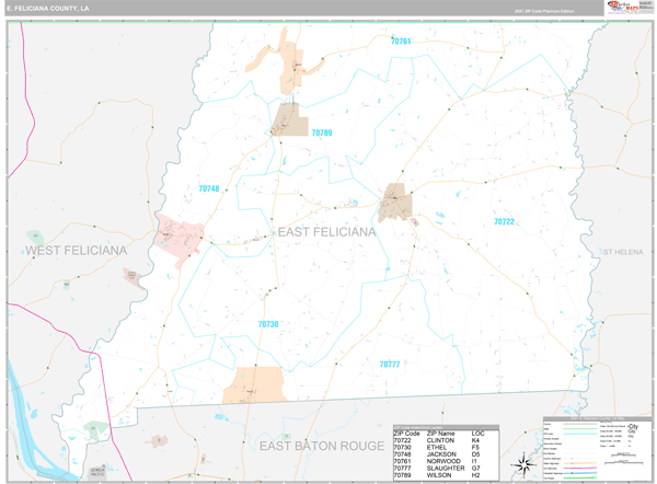 E. Feliciana County, LA Zip Code Wall Map Premium Style by MarketMAPS