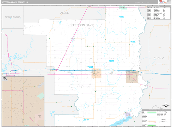 Jefferson Davis County, LA Zip Code Wall Map Premium Style by MarketMAPS