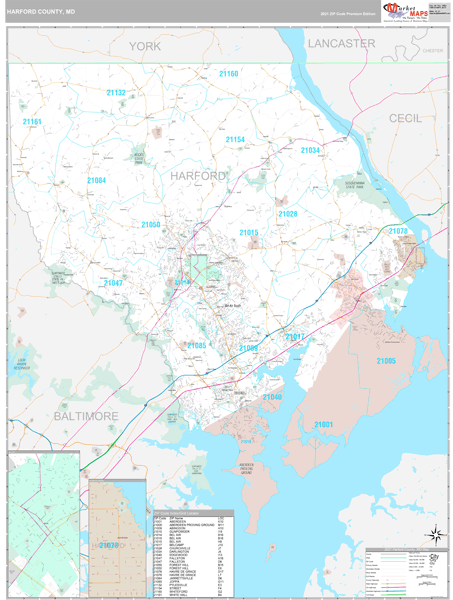 Harford County, MD Zip Code Wall Map Premium Style by MarketMAPS