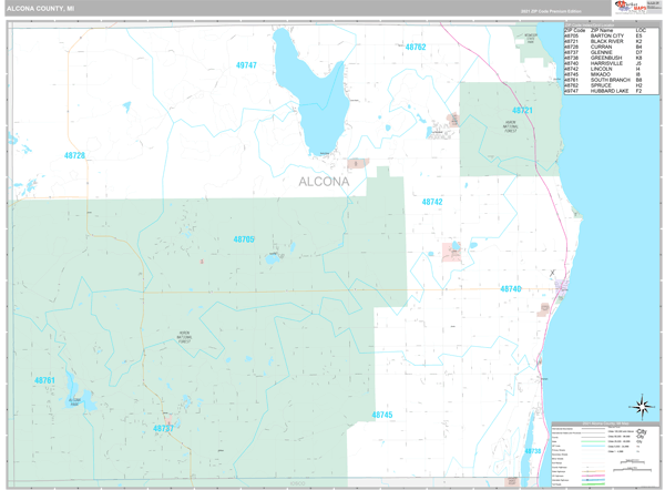 Alcona County, MI Zip Code Wall Map Premium Style by MarketMAPS