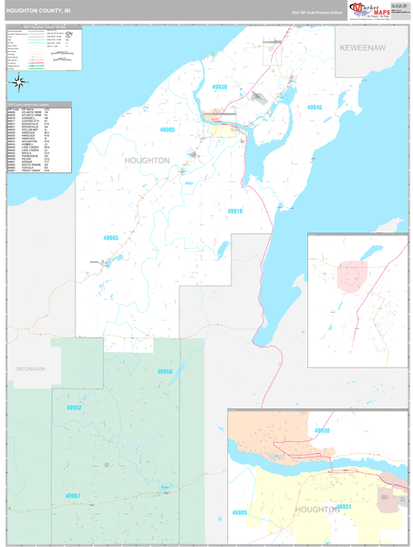 Houghton County, MI Zip Code Wall Map Premium Style by MarketMAPS