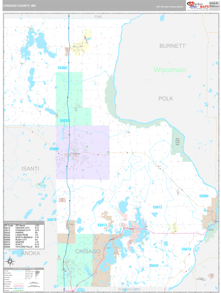 Chisago County, MN Zip Code Wall Map Premium Style by MarketMAPS