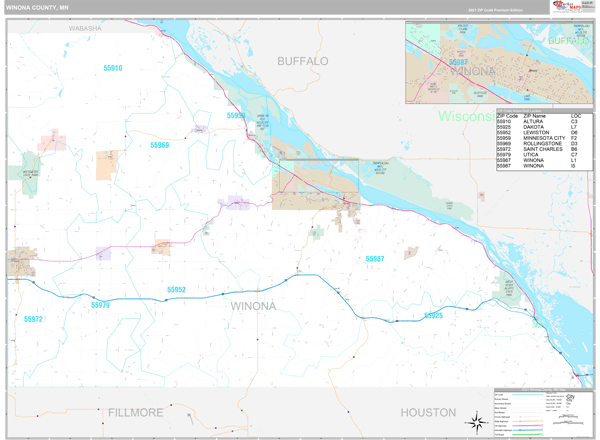 Winona County, MN Zip Code Wall Map Premium Style by MarketMAPS