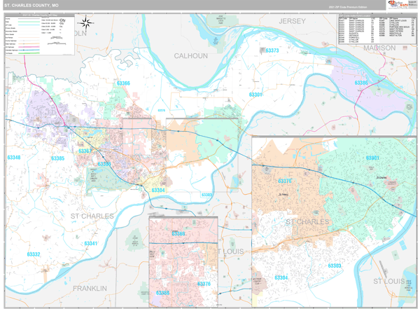 St Charles County Zip Code Map St. Charles County, MO Wall Map Premium Style by MarketMAPS