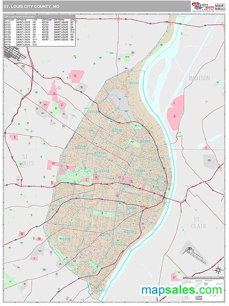 St. Louis City County, MO Zip Code Wall Map Premium Style by MarketMAPS