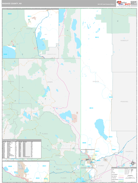 Washoe County, NV Zip Code Wall Map Premium Style by MarketMAPS