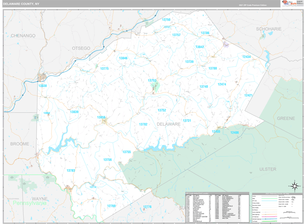 Delaware County, NY Zip Code Wall Map Premium Style by MarketMAPS