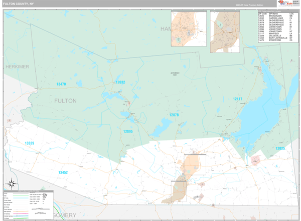 Fulton County, NY Zip Code Wall Map Premium Style by MarketMAPS