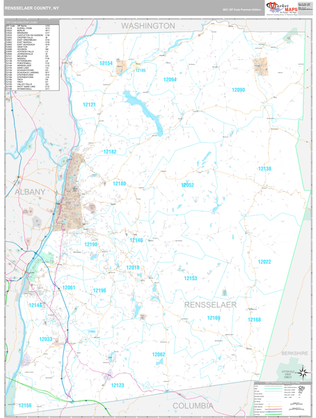 Rensselaer County, NY Wall Map Premium Style by MarketMAPS