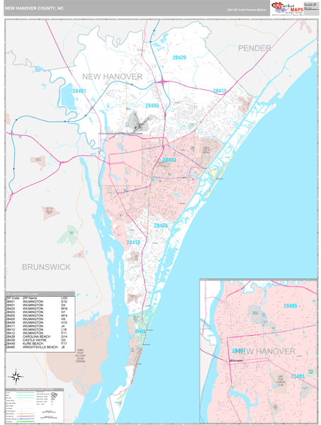 New Hanover County, NC Zip Code Wall Map Premium Style by MarketMAPS