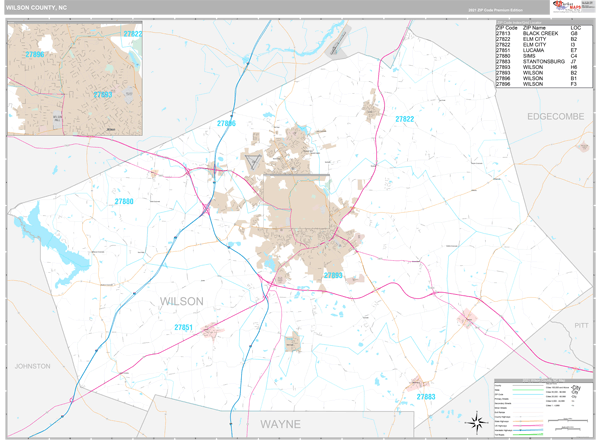 Wilson County, NC Zip Code Wall Map Premium Style by MarketMAPS