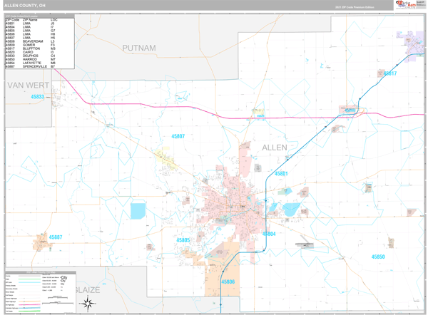Allen County, OH Zip Code Wall Map Premium Style by MarketMAPS