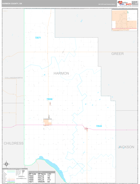 Harmon County, OK Zip Code Wall Map Premium Style by MarketMAPS