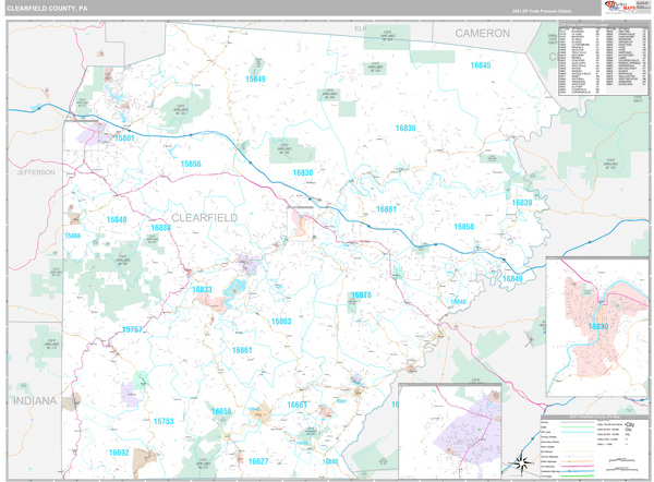 Clearfield County, PA Zip Code Wall Map Premium Style by MarketMAPS