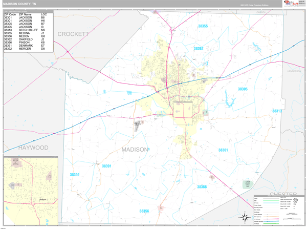 Madison County, TN Zip Code Wall Map Premium Style by MarketMAPS