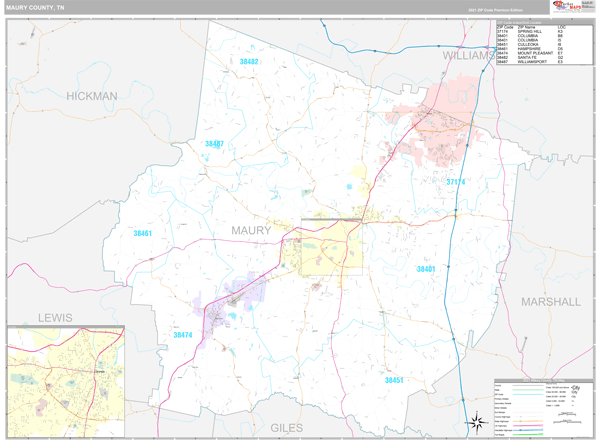 Maury County, TN Zip Code Wall Map Premium Style by MarketMAPS