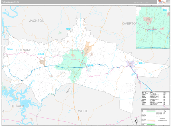Putnam County, TN Zip Code Wall Map Premium Style by MarketMAPS