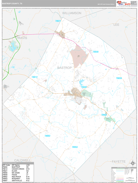 Bastrop County, TX Wall Map Premium Style by MarketMAPS