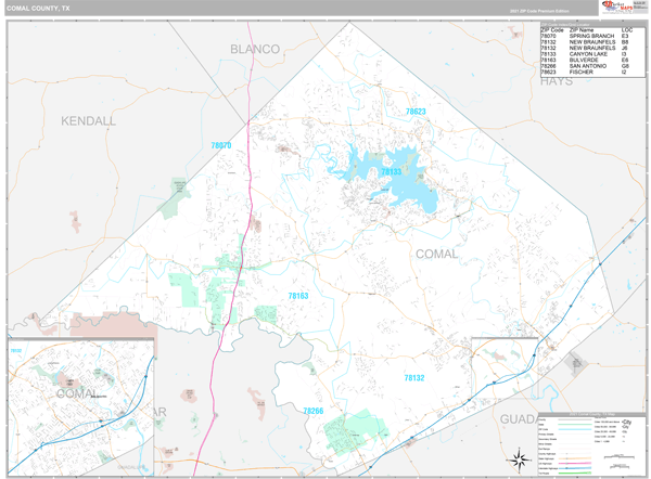 Comal County, TX Zip Code Wall Map Premium Style by MarketMAPS