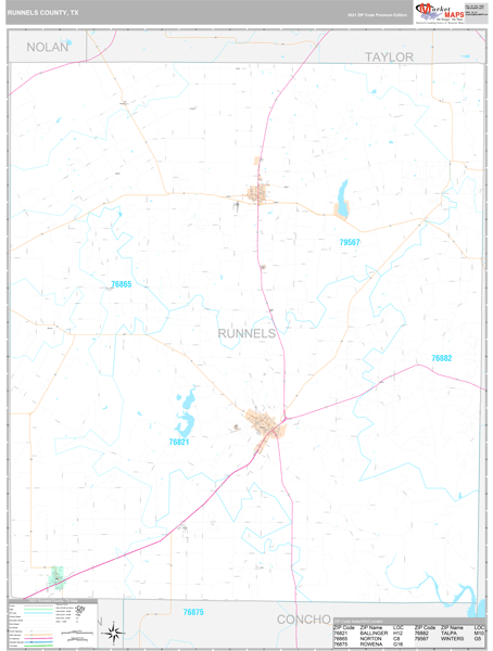 Runnels County, TX Zip Code Wall Map Premium Style by MarketMAPS