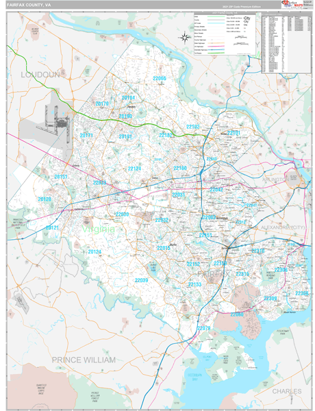 Fairfax County, VA Zip Code Wall Map Premium Style by MarketMAPS