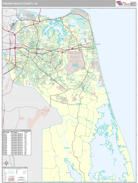Virginia Beach County, VA Zip Code Wall Map Premium Style by MarketMAPS