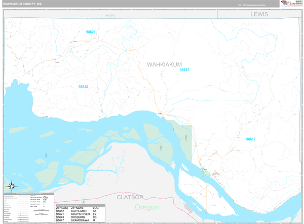 Wahkiakum County, WA Zip Code Wall Map Premium Style by MarketMAPS