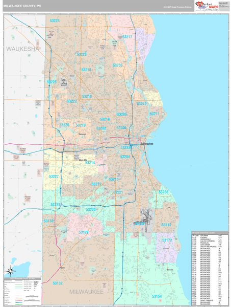 Milwaukee County, WI Zip Code Wall Map Premium Style by MarketMAPS