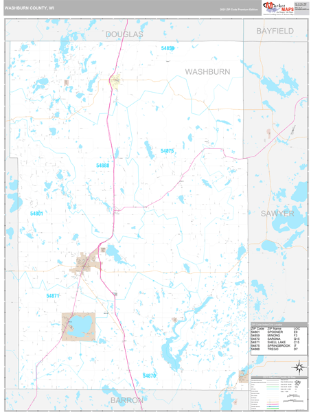 Washburn County, WI Wall Map Premium Style by MarketMAPS