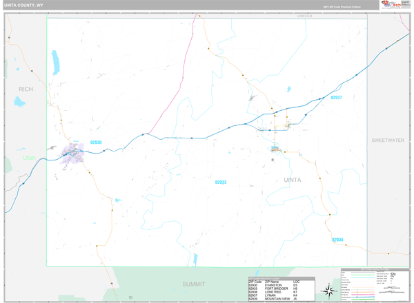 Uinta County, WY Zip Code Wall Map Premium Style by MarketMAPS