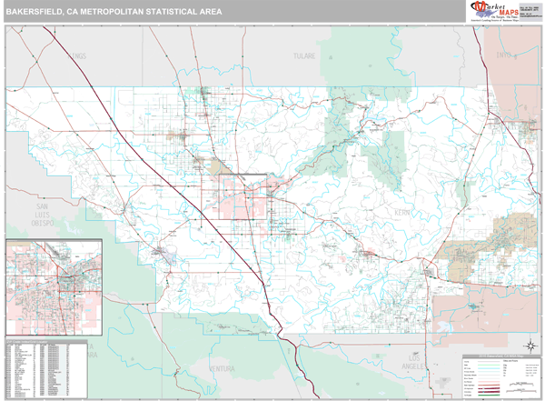 Bakersfield, CA Metro Area Zip Code Wall Map Premium Style by MarketMAPS
