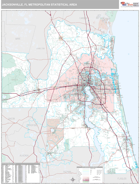 Jacksonville, FL Metro Area Zip Code Wall Map Premium Style by MarketMAPS