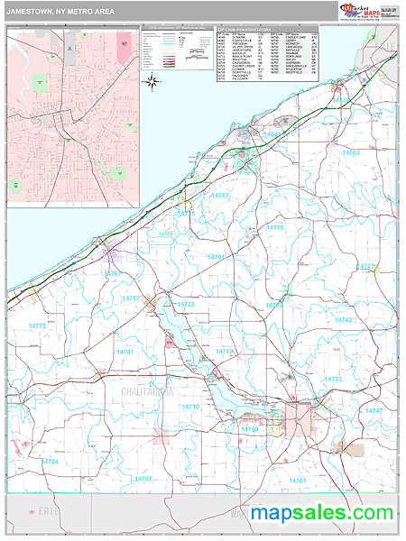 Jamestown, NY Metro Area Zip Code Wall Map Premium Style by MarketMAPS