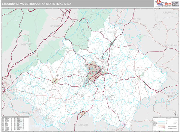 Lynchburg, VA Metro Area Zip Code Wall Map Premium Style by MarketMAPS